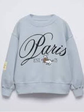 Zara Kids Paris Sweatshirt Girls Size 9-10 Blue Graphic Crewneck Pullover Cozy